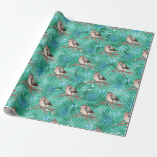 Birds In The Snow - Green Background Wrapping Paper
