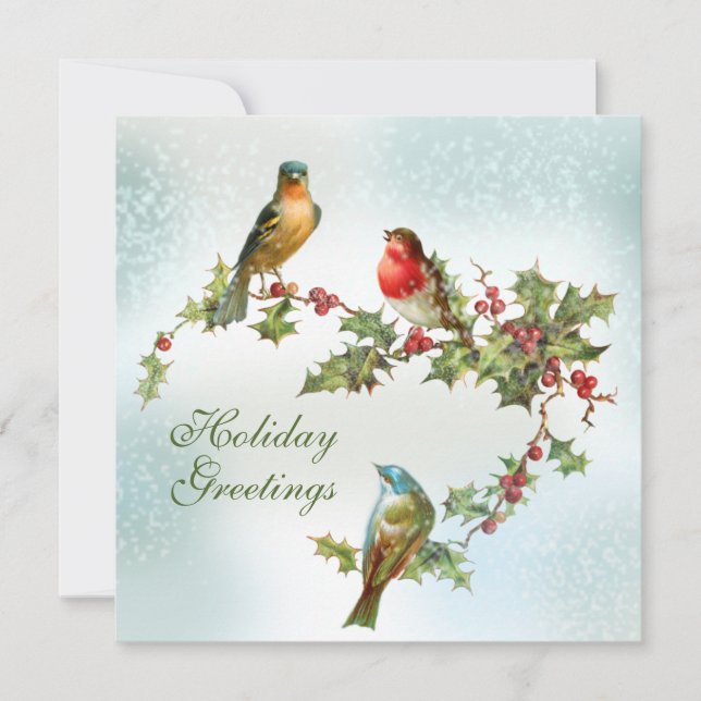 Birds in the Snow on Holly Berries Flat Holiday Card (Front)