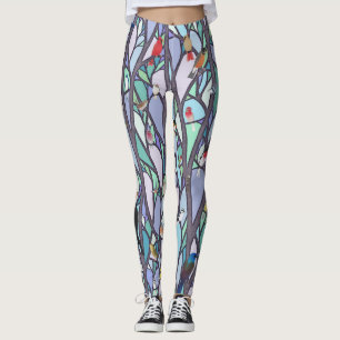 birds in the stained glass tree leggings