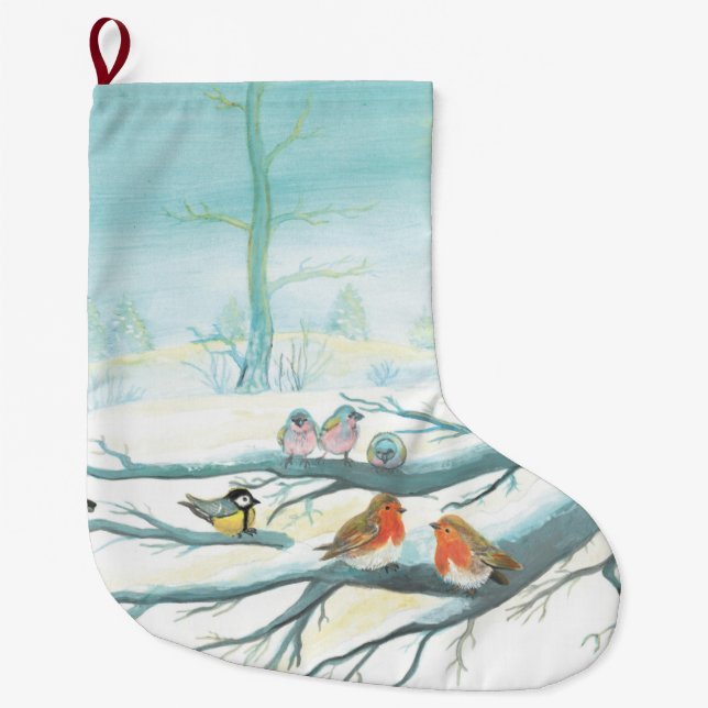 Birds in the white snow winter  large christmas stocking (Front)