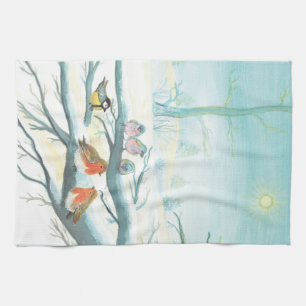 Birds in the white snow winter tea towel