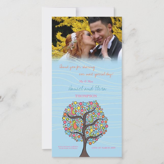 Birds in Tree Blue Thank You Wedding Photo Card (Front)