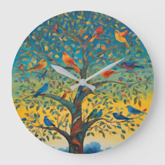 Birds in tree branches large clock