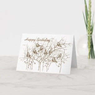 Birds in Tree Pen and Ink Sketch Birthday Card