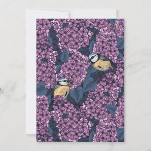 Birds in violet lilac garden