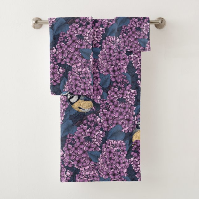 Birds in violet lilac garden bath towel set (Insitu)