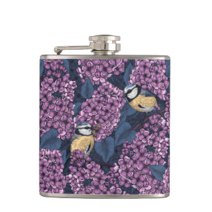 Birds in violet lilac garden hip flask