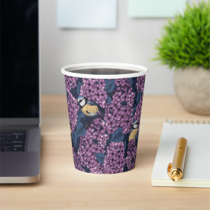 Birds in violet lilac garden paper cups