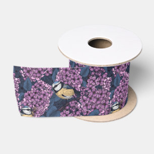 Birds in violet lilac garden satin ribbon