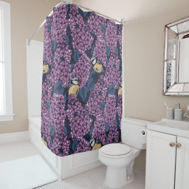 Birds in violet lilac garden shower curtain (In Situ)