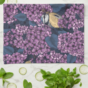 Birds in violet lilac garden tea towel