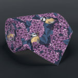 Birds in violet lilac garden tie<br><div class="desc">Cute spring design with two blue tit birds perching on flowering lilac branches. Hand-  drawn in Illustrator seamless vector pattern.</div>