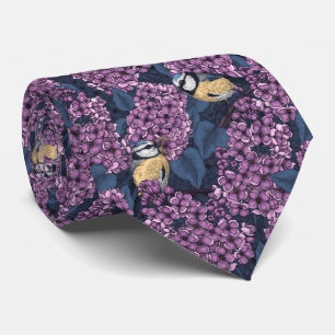 Birds in violet lilac garden tie