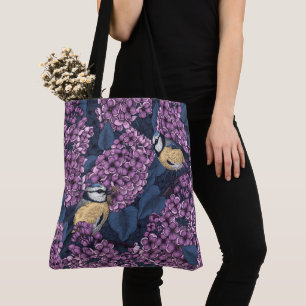 Birds in violet lilac garden tote bag