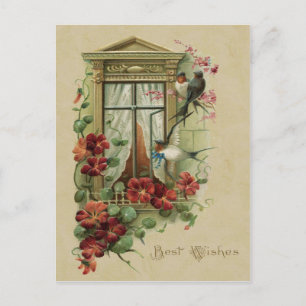 Birds in Window Best Wishes Vintage Reproduction Postcard