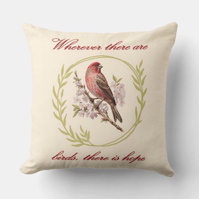 Birds Inspirational Quote, Bird Floral Wreath Cushion (Front)