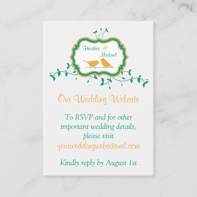 Birds Leaves Yellow Emerald Wedding Website Insert (Front)