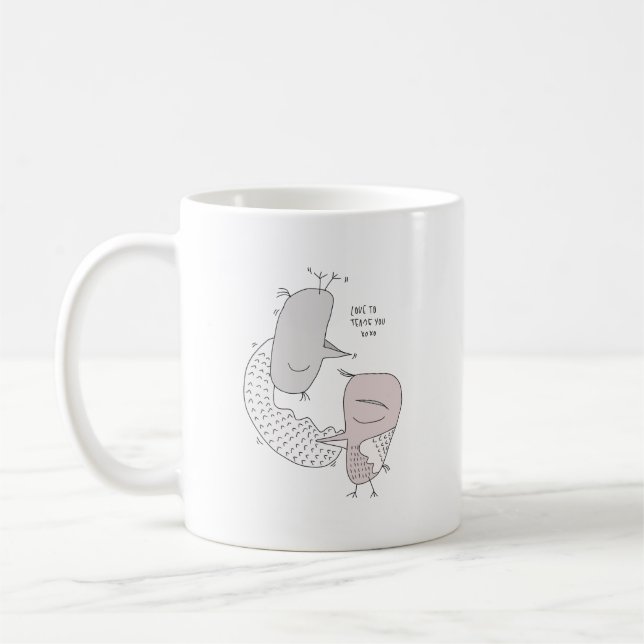 birds love couple cute autumn hugs tea drink coffee mug (Left)
