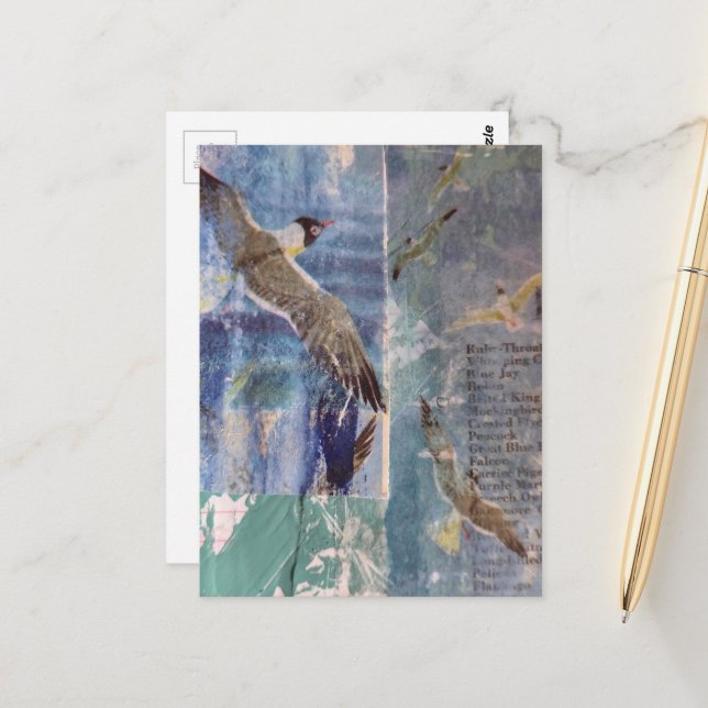 Birds mixed media collage postcard (Front/Back In Situ)