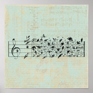Birds & Music Staff Paper Vintage Aged Mint Green Poster