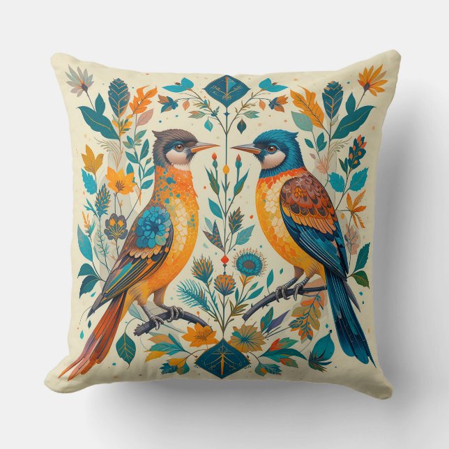 Birds Nature Scene with Geometric Elements Cushion (Front)