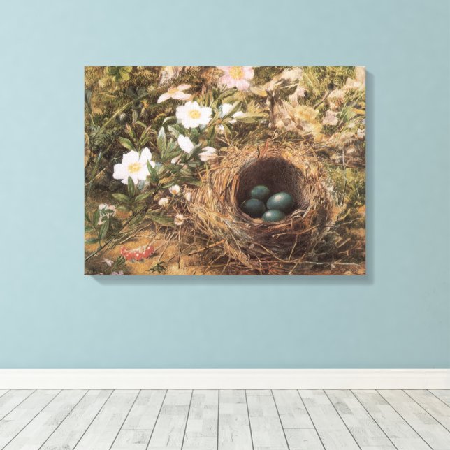 Bird's Nest and Dog Roses by John William Hill Canvas Print (Insitu(Wood Floor))