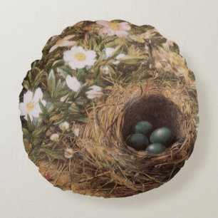 Bird's Nest and Dog Roses by John William Hill Round Cushion