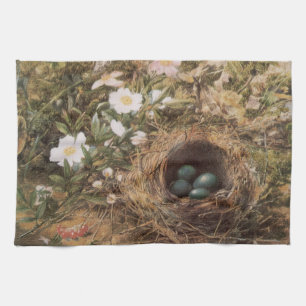 Bird's Nest and Dog Roses by John William Hill Tea Towel
