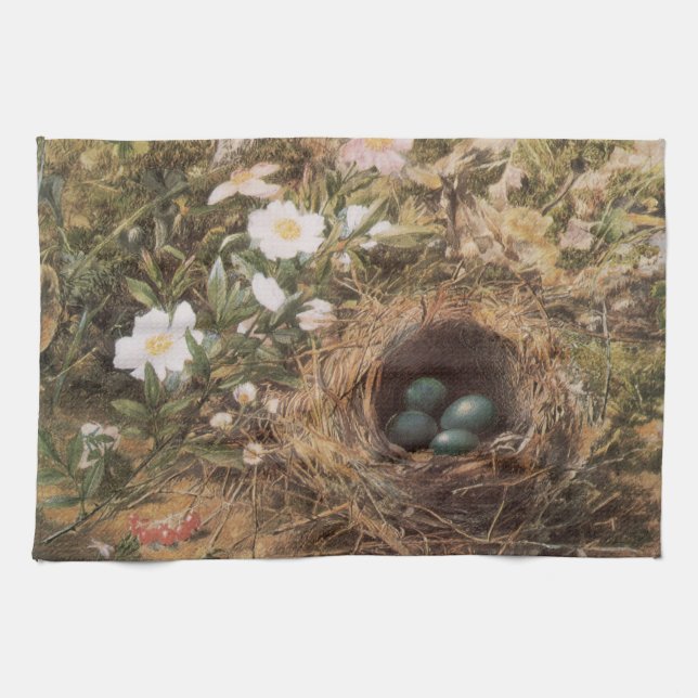 Bird's Nest and Dog Roses by John William Hill Tea Towel (Horizontal)