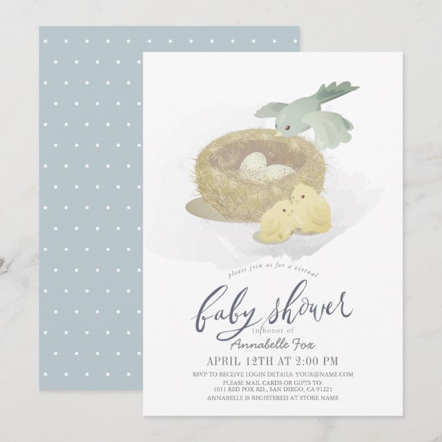 Bird's Nest Blue Boy Virtual Baby Shower Invitation (Front/Back)