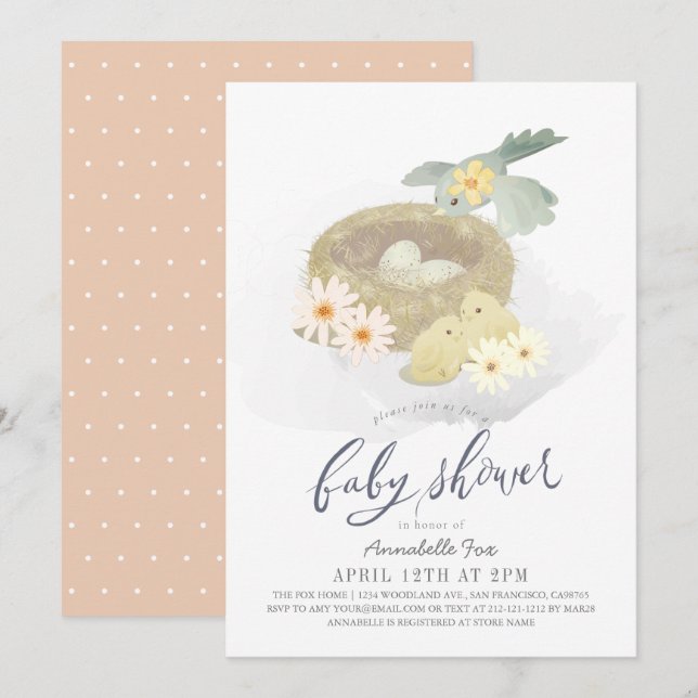 Bird's Nest Floral Girl Baby Shower Invitation (Front/Back)