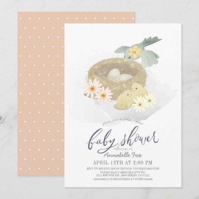 Bird's Nest Floral Girl Virtual Baby Shower Invitation (Front/Back)