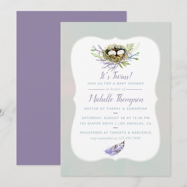 Birds Nest Twins Baby Shower Invitation (Front/Back)