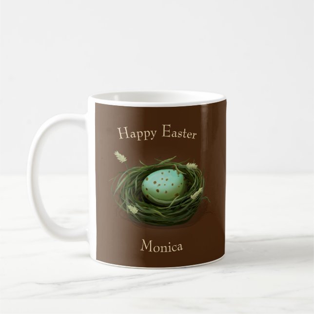 Bird's Nest With Blue Speckled Egg Custom Text Coffee Mug (Left)