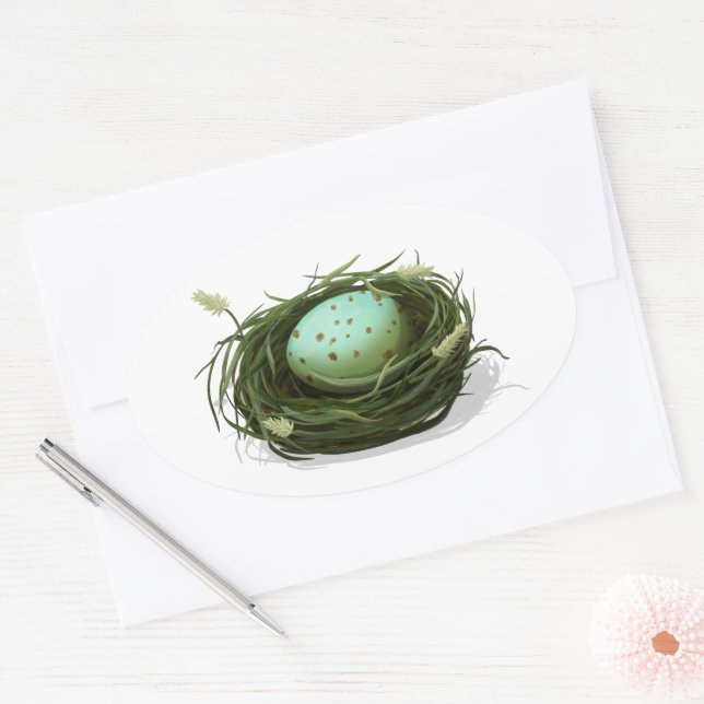 Bird's Nest With Blue Speckled Egg Watercolor Oval Sticker (Envelope)
