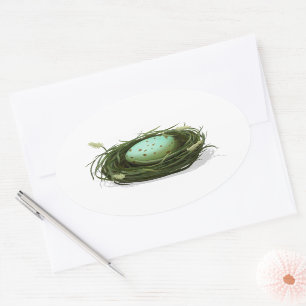 Bird's Nest With Blue Speckled Egg Watercolor Oval Sticker