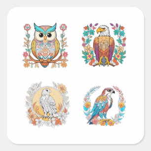 Birds of Prey Cartoon Floral Pattern Art 4 Pack St Square Sticker