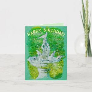 BIRDS on a birdbath having water fun funny. Card