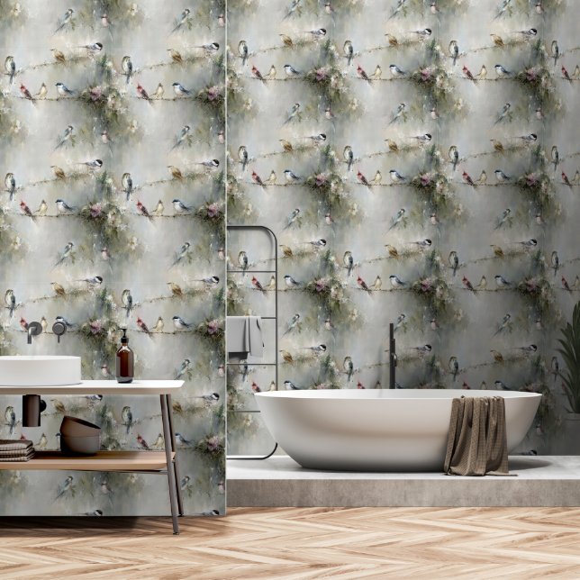 Birds on a Branch 3 Oil Painting  Wallpaper (Bathroom)