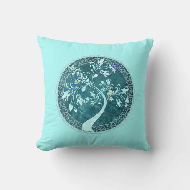 Birds on a Branch Aqua Blue Reversible  Cushion (Front)