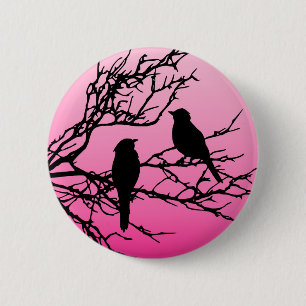 Birds on a Branch, Black Against Dawn Pink 6 Cm Round Badge