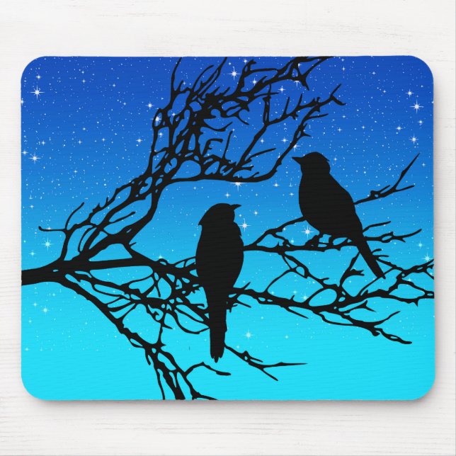 Birds on a Branch, Black Against Evening Blue Mouse Mat (Front)