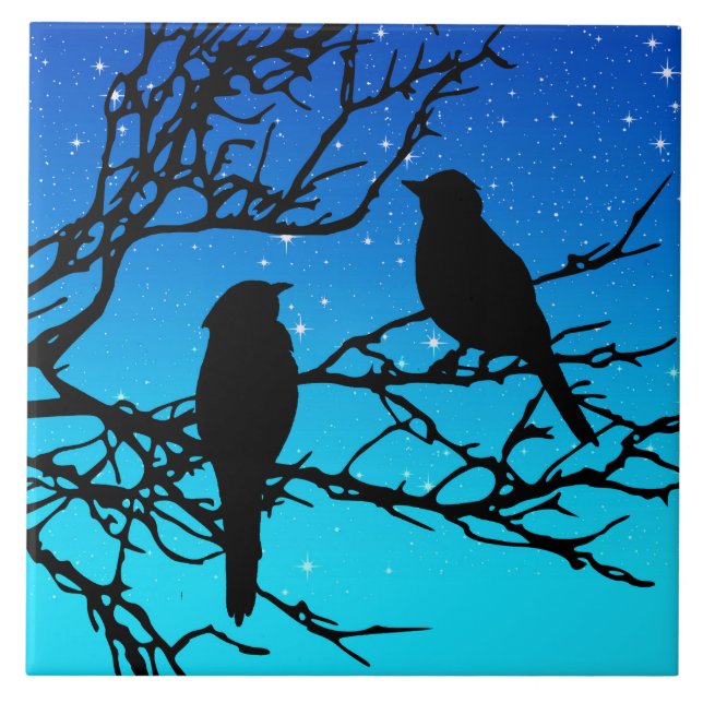 Birds on a Branch, Black Against Evening Blue Tile (Front)