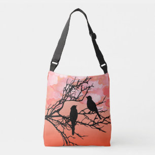 Birds on a Branch, Black Against Sunset Orange Crossbody Bag