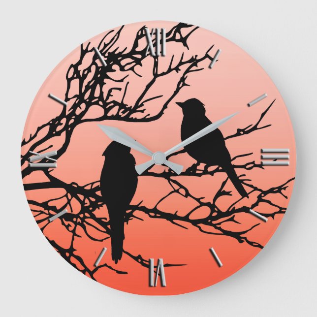 Birds on a Branch, Black Against Sunset Orange Large Clock (Front)