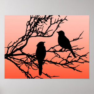 Birds on a Branch, Black Against Sunset Orange Poster