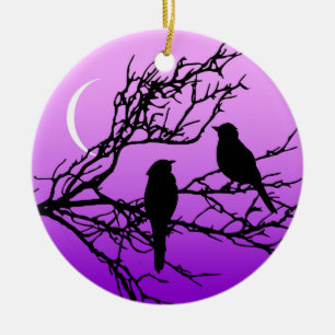 Birds on a Branch, Black Against Twilight Purple Ceramic Tree Decoration