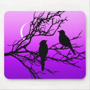 Birds on a Branch, Black Against Twilight Purple Mouse Mat
