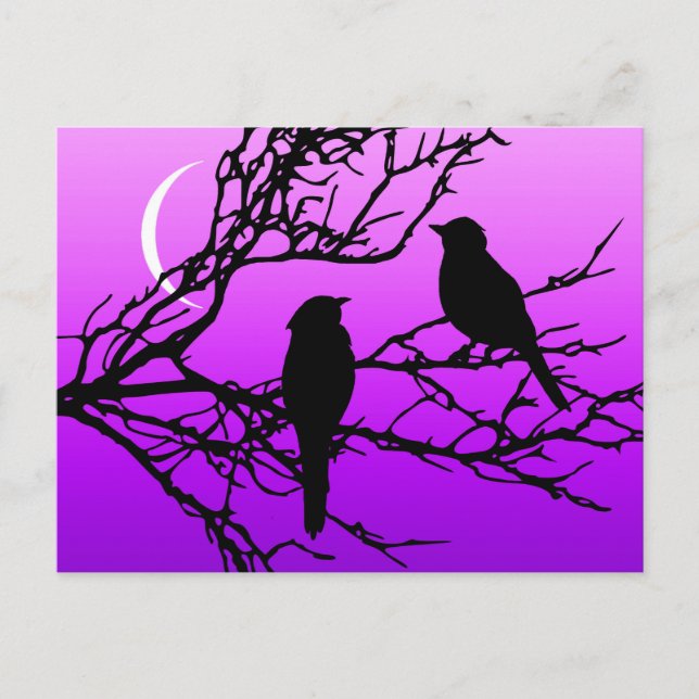 Birds on a Branch, Black Against Twilight Purple Postcard (Front)