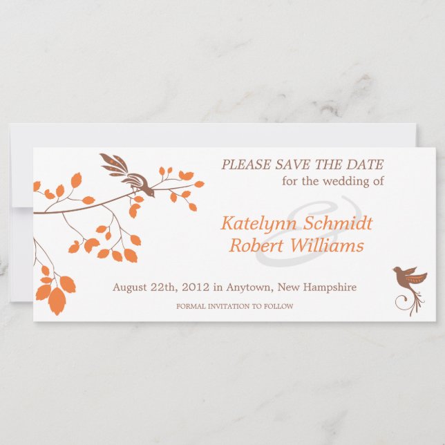 Birds On a Branch Orange & Brown Save the Date (Front)